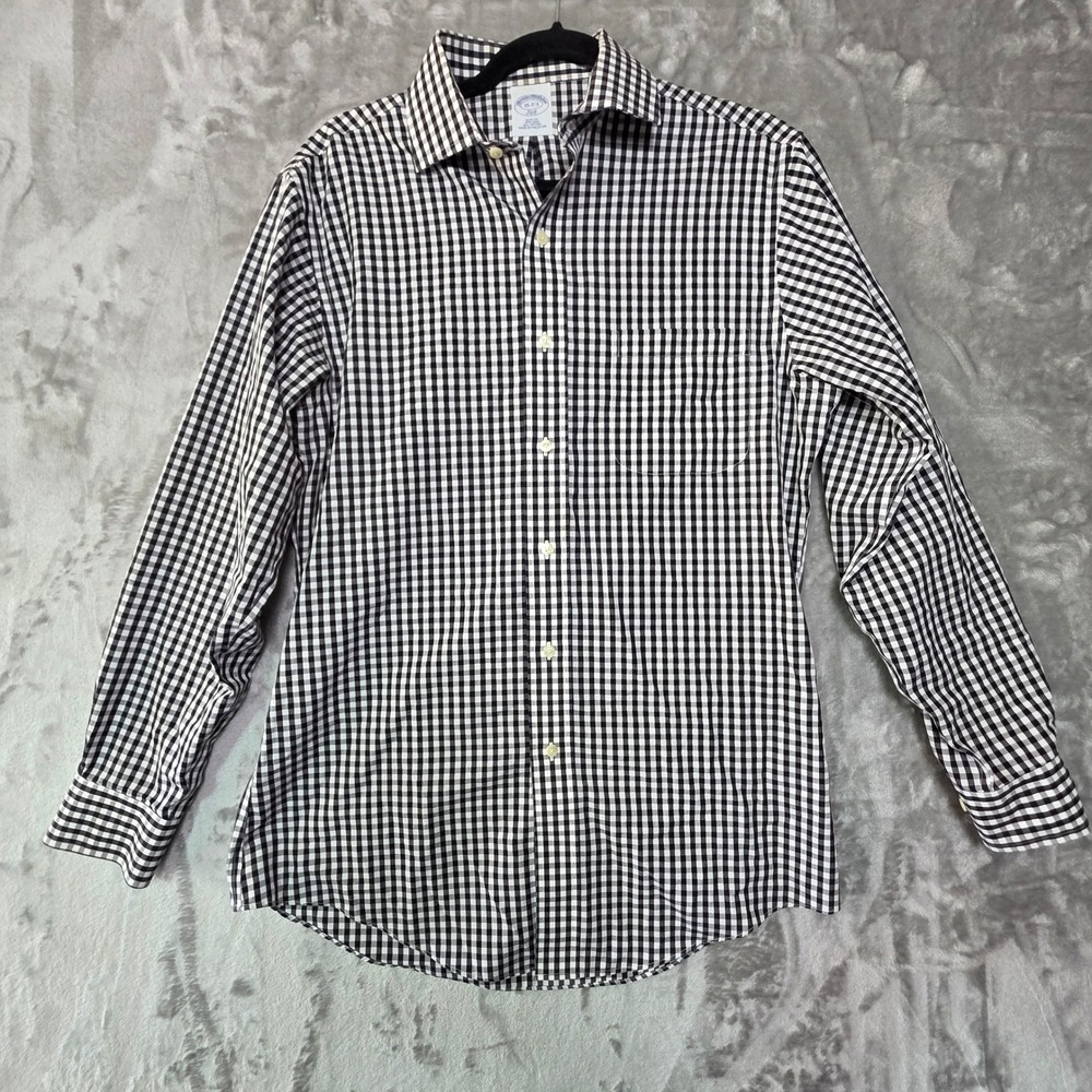 Brooks Brothers 346 Mens Slim Fit NonIron Gingham Dress Shirt Black White 15 2/3